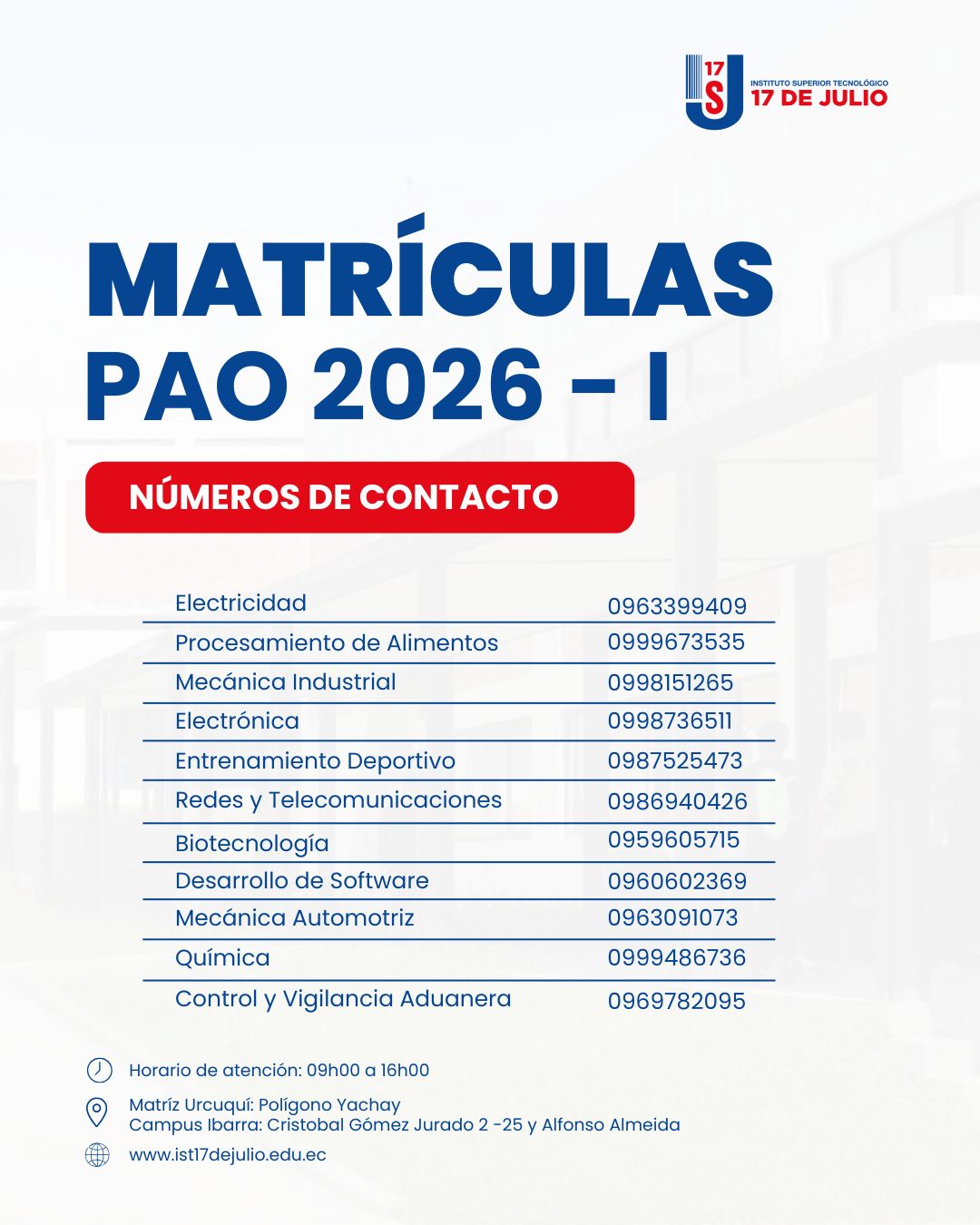 Números de contacto por carrera